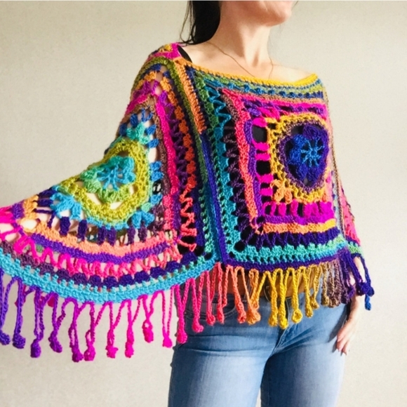 Unbranded Sweaters - Handmade Granny Square Crochet Poncho Cardigan Sweater Black Rainbow Colorful
